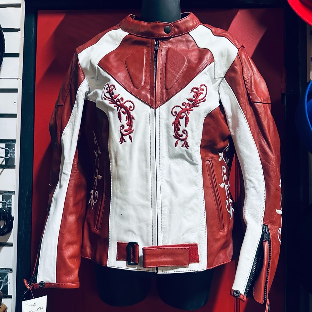 Racy Lady Vintage Red and White Embroidered Padded Leather Motorcycle Jacket